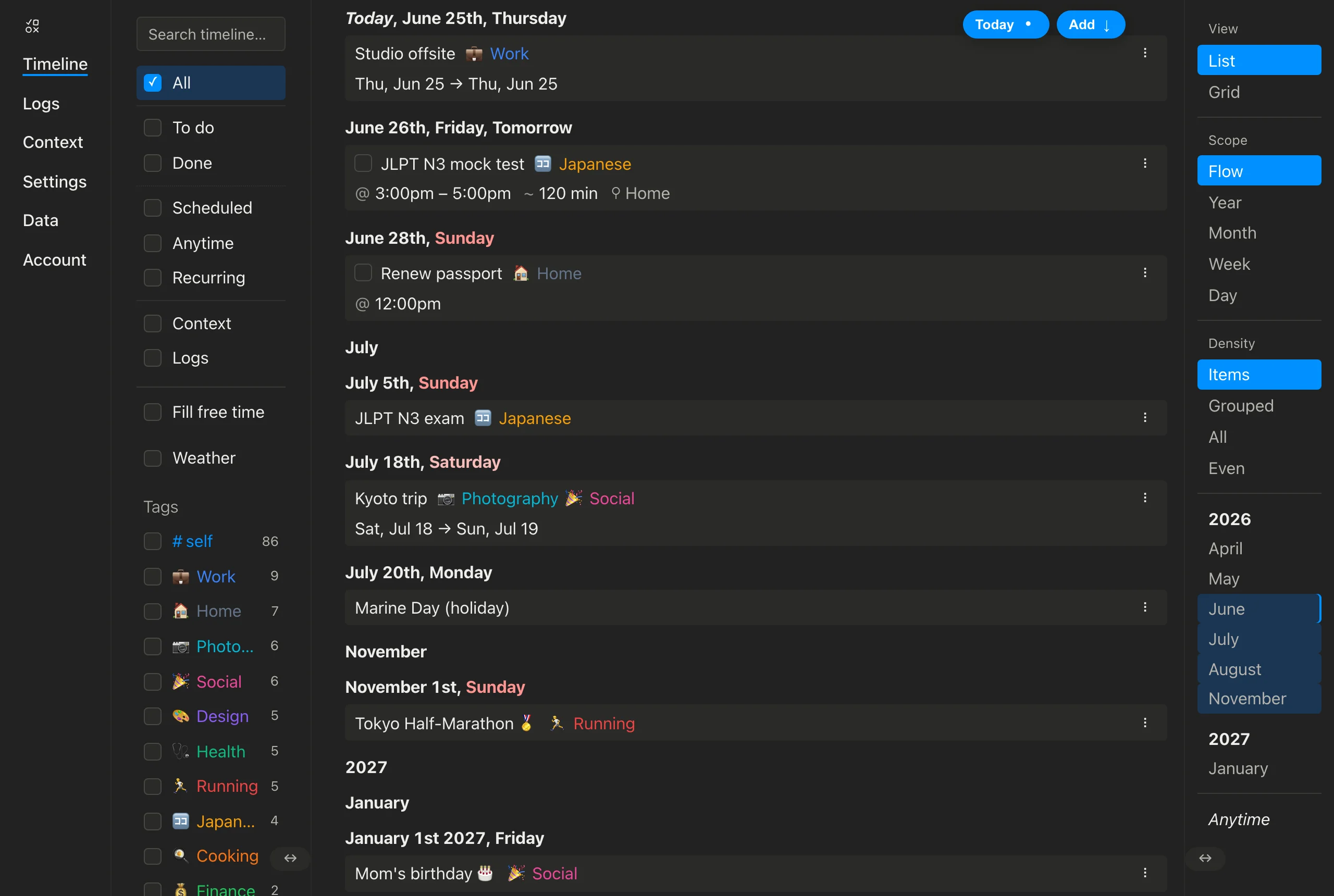 The timeline with the cleaner item layout — checkbox beside the title, details lined up below