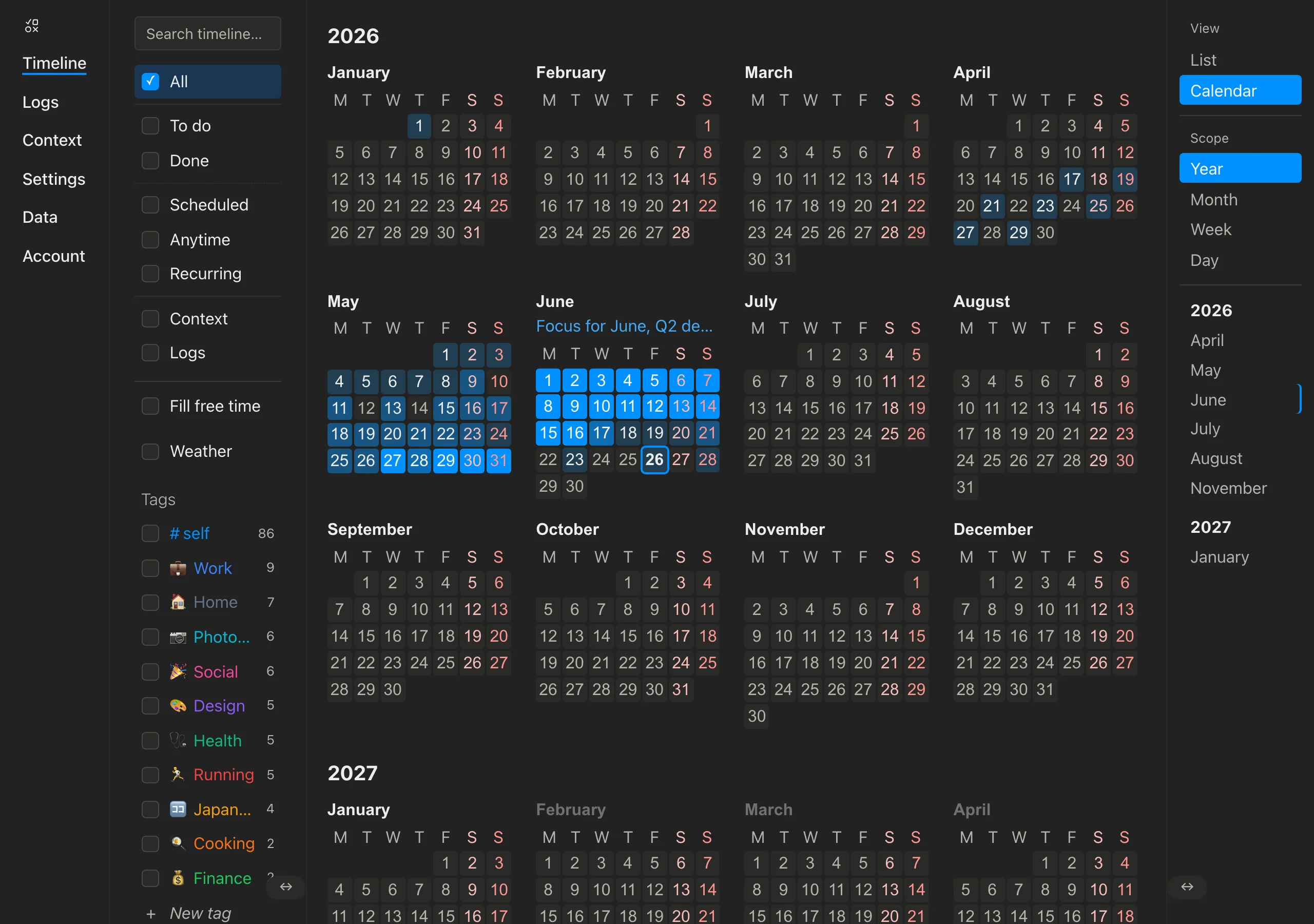 The year calendar — twelve mini-month heatmaps, weekends in red, with whole-month tasks listed under each month name