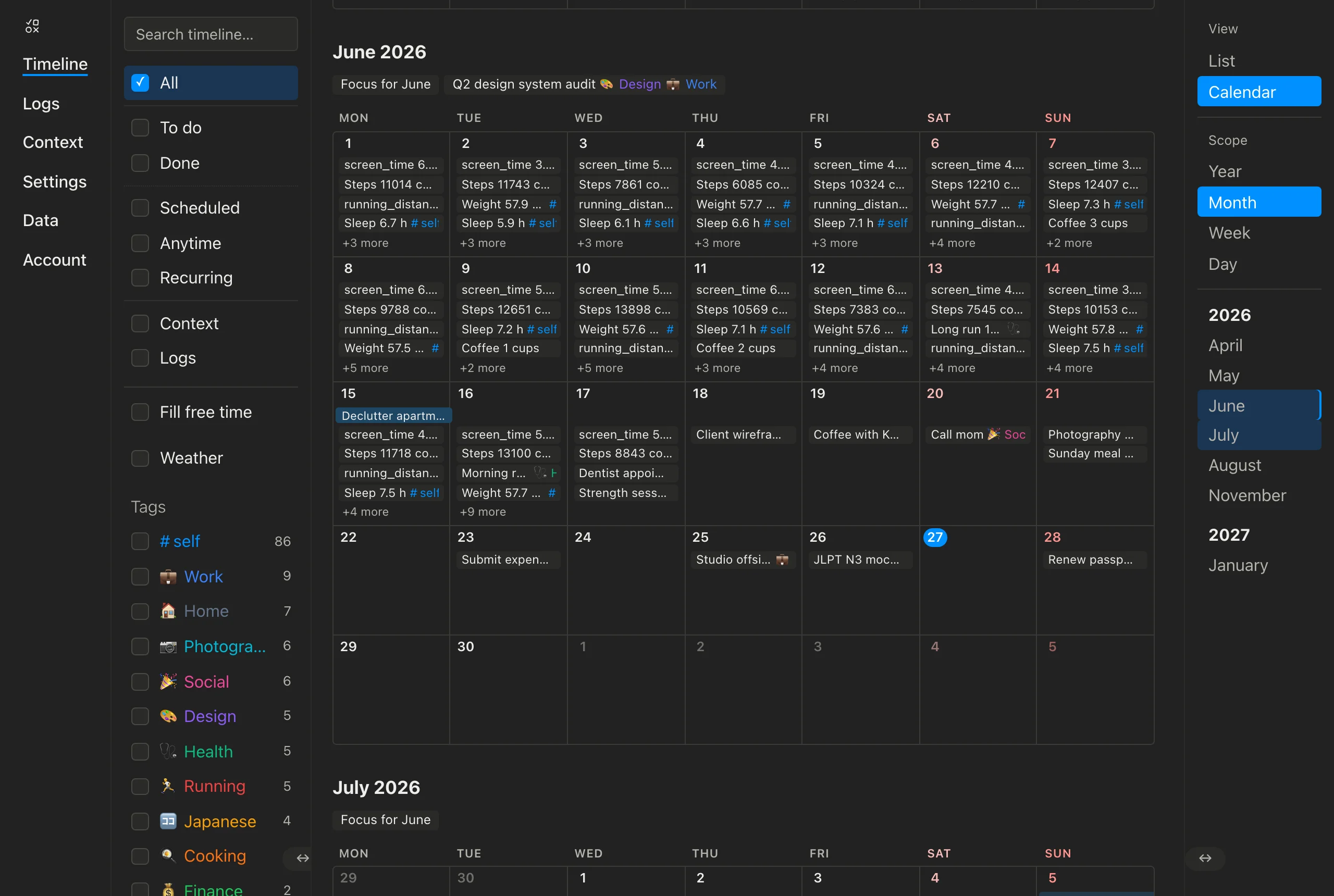 The month calendar, each task shown as a compact chip that matches its row in the list view