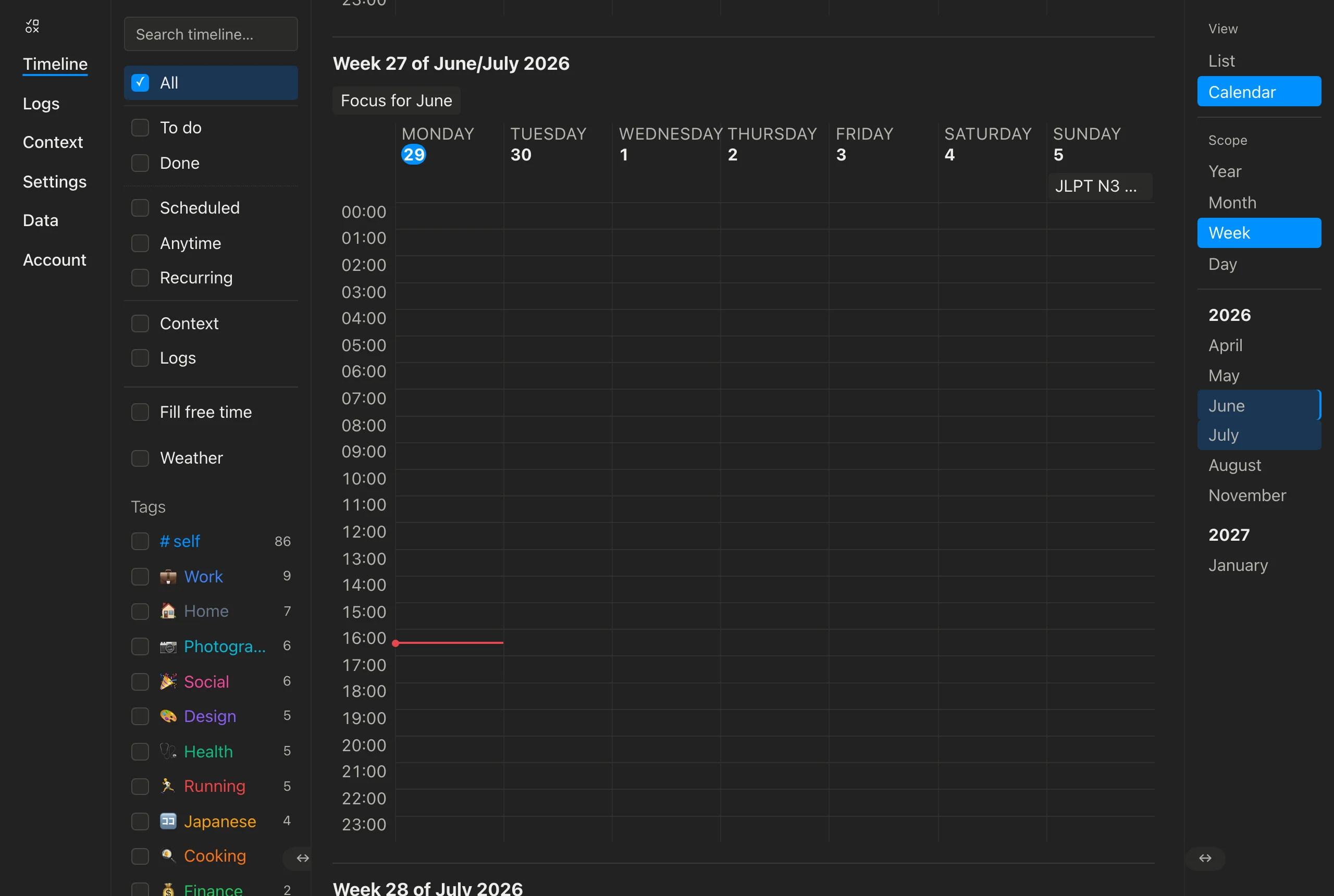 The redesigned Week calendar — a clean grid with the hours down the left, days across the top, and readable everyday text