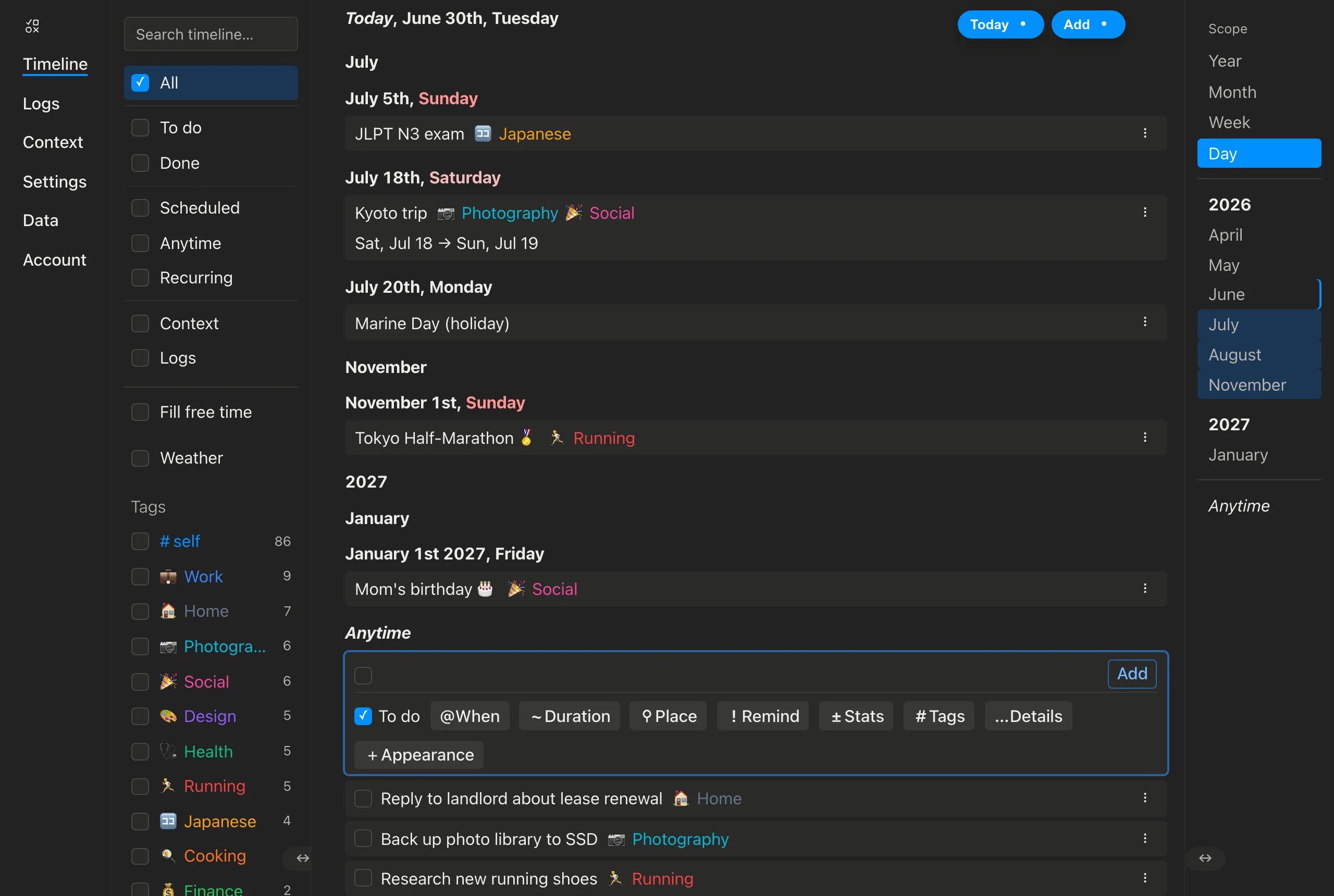 The timeline with a single Scope control on the right — Year, Month, Week, Day — with Day selected, showing the list of items