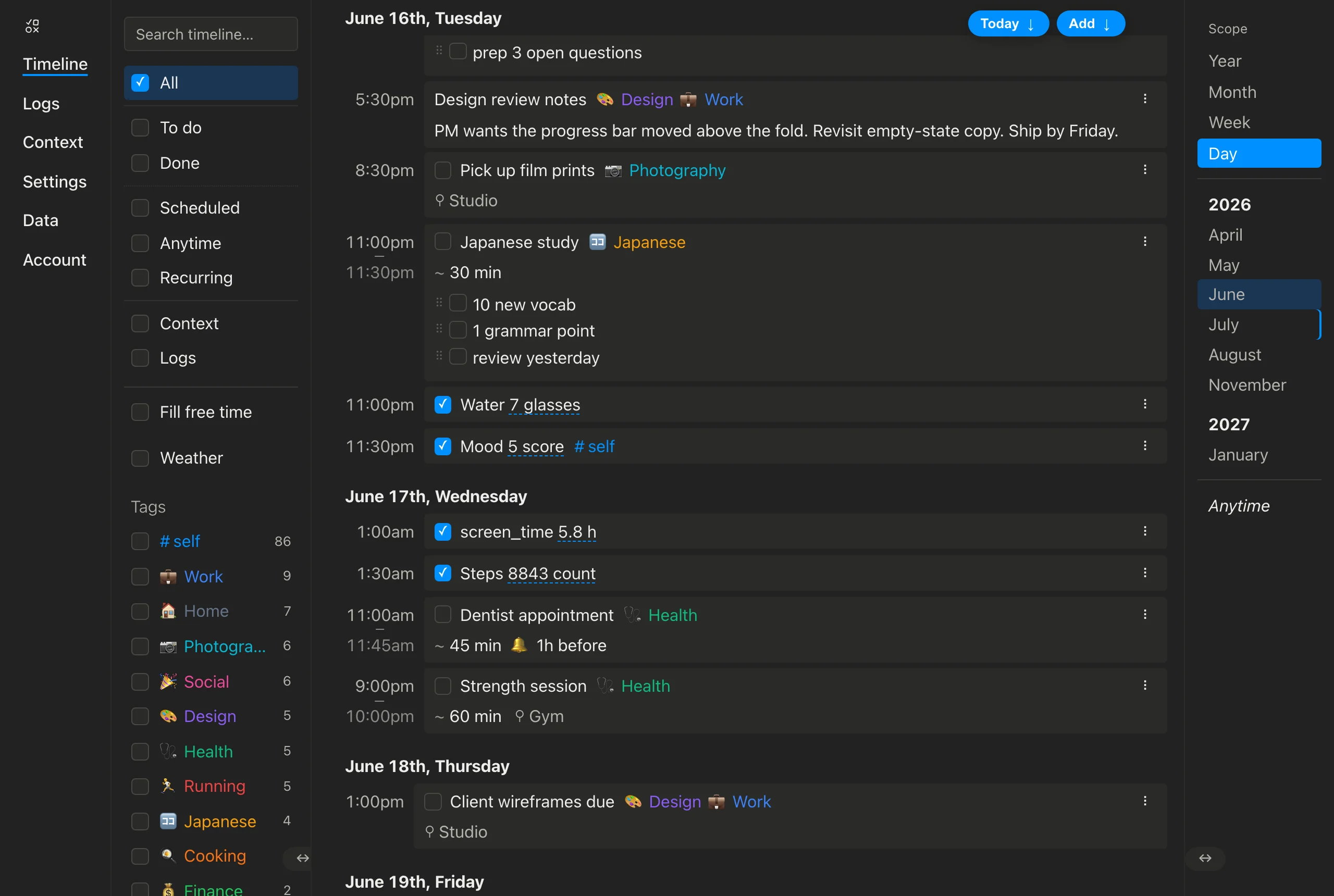 The Day timeline with a left-hand hours column — each timed item's start time (and its end time on a second line) lines up in a column beside the tasks, with untimed items above under the day heading