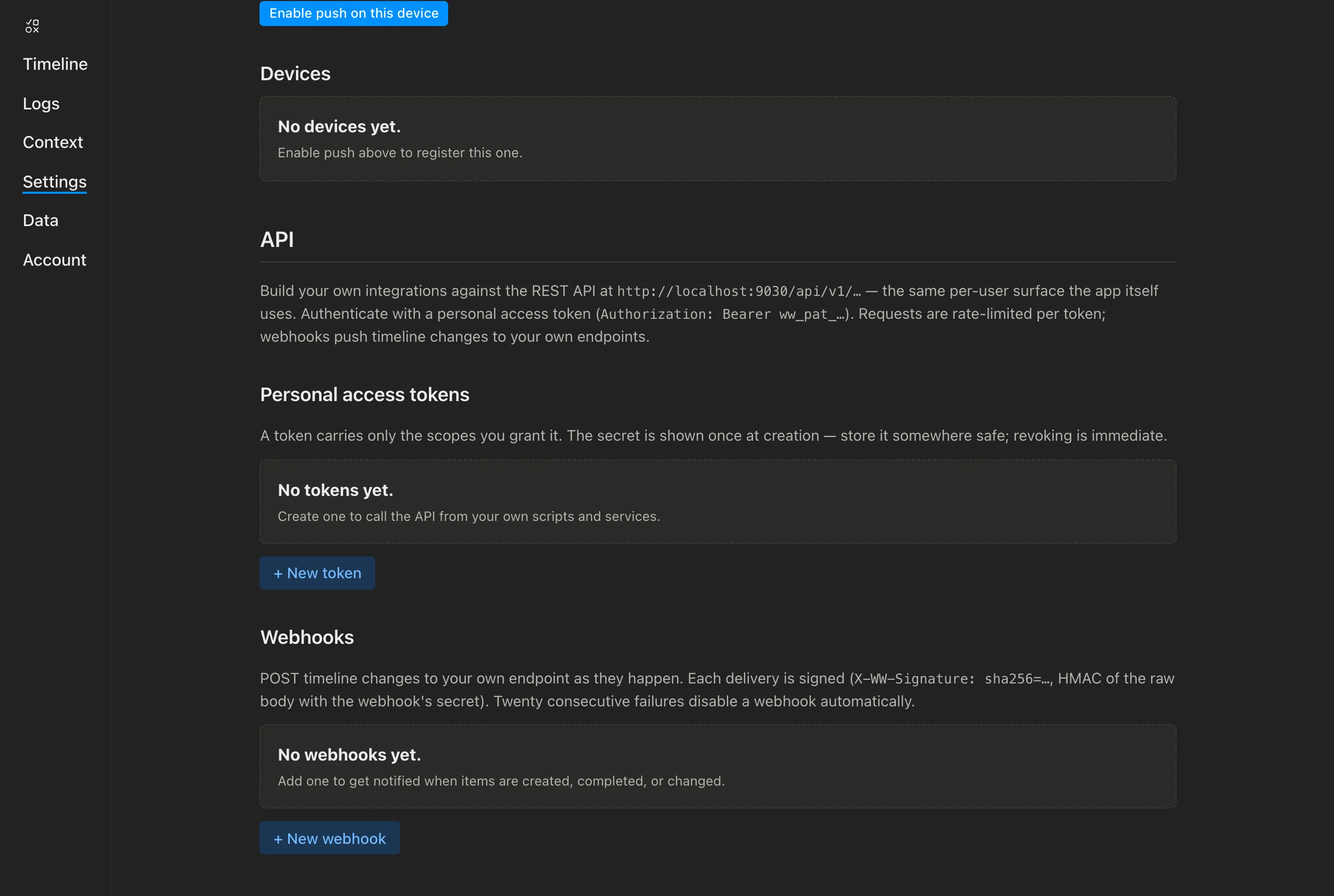 The new API section on the Settings page: an intro pointing at the /api/v1 REST endpoint, a Personal access tokens block with its '+ New token' button, and a Webhooks block explaining signed deliveries (X-WW-Signature) with a '+ New webhook' button