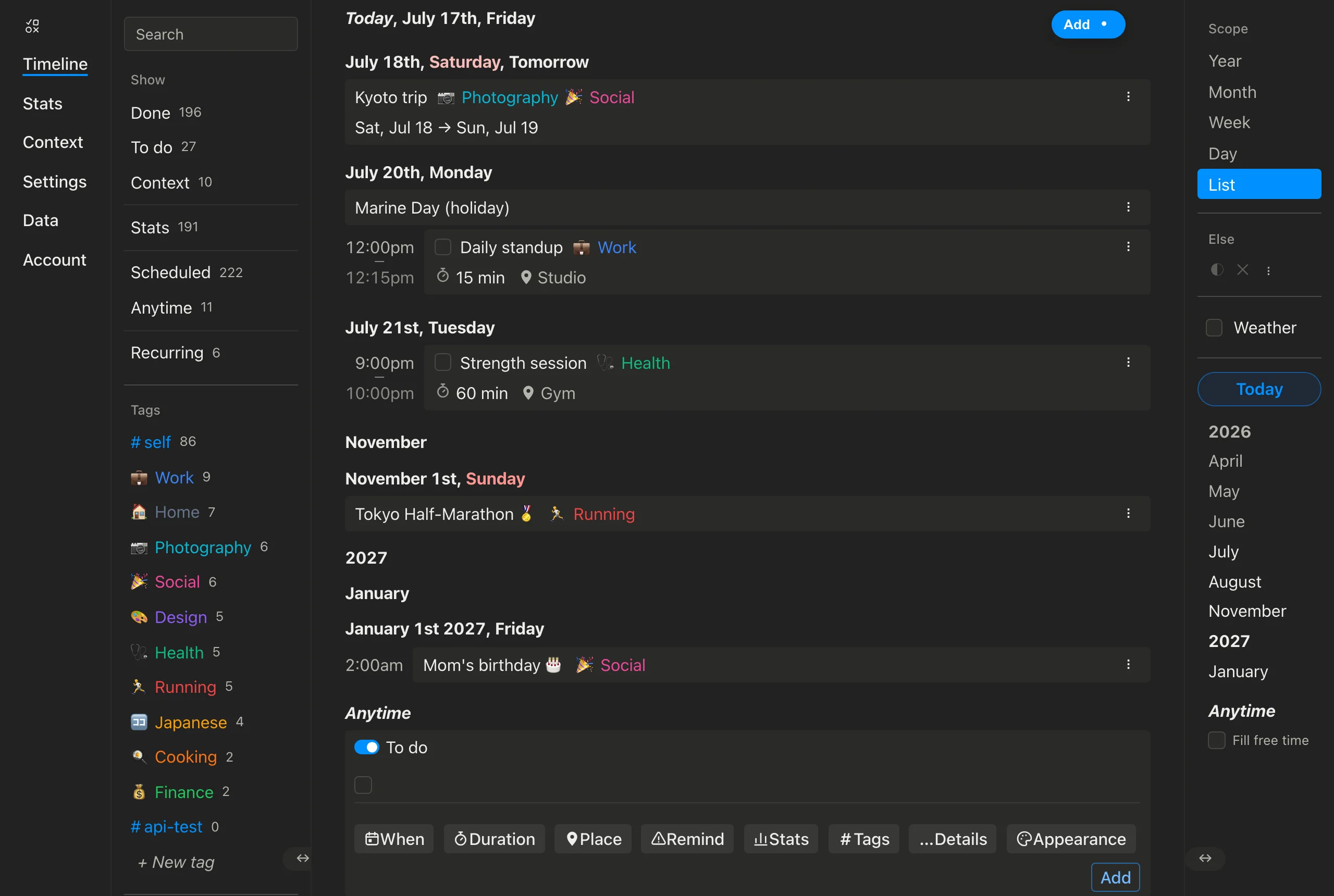 The timeline List view with the redesigned composer: attribute buttons with new icons — a calendar for When, a stopwatch for Duration, a map pin for Place, an alert triangle for Remind, a bar chart for Stats — and the Add button sitting in its own spot at the right end of the row