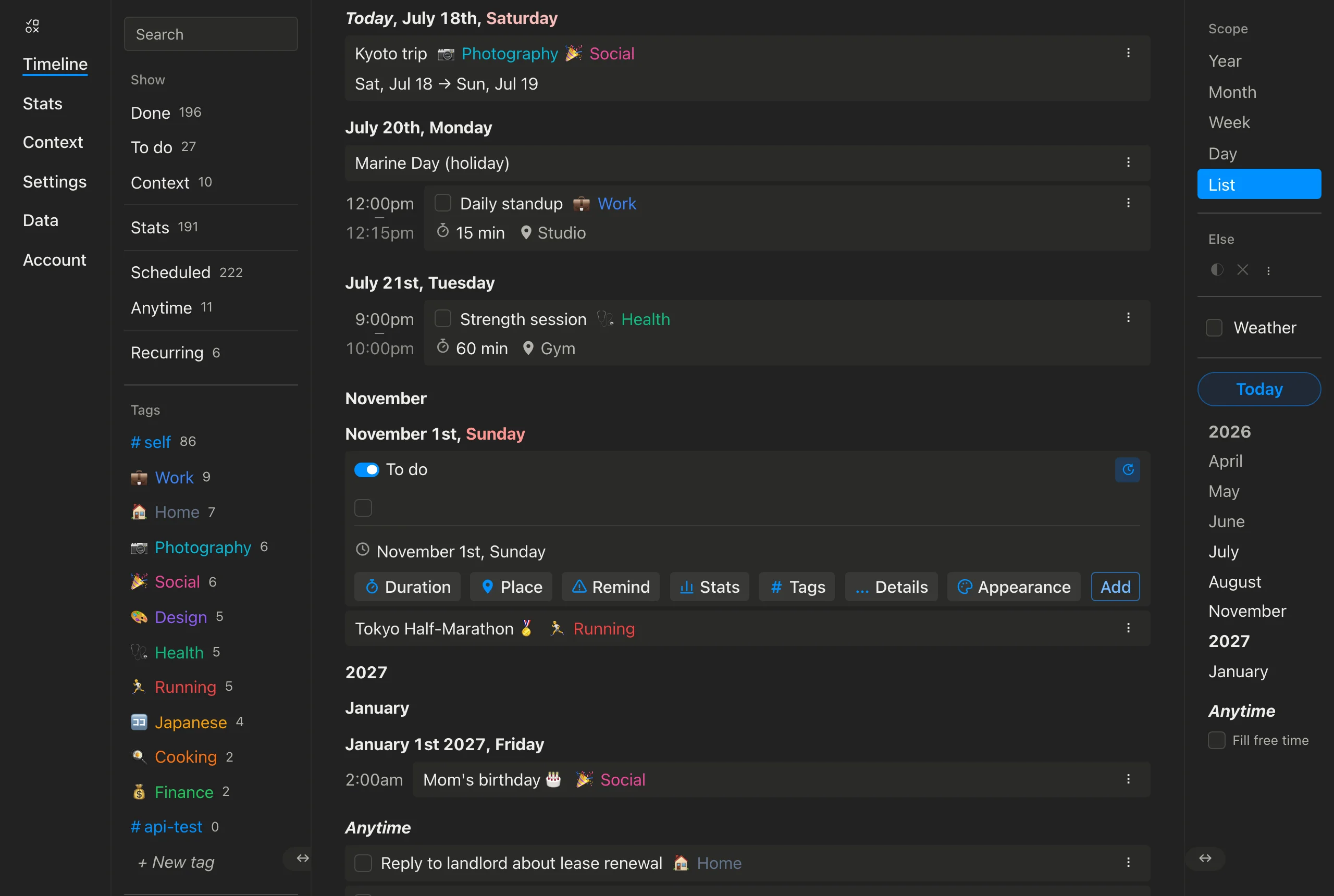 The timeline List view with the composer sitting in the flow under the November 1st heading, its pin button showing the clock-arrow of the new scrolling-sets-the-date mode