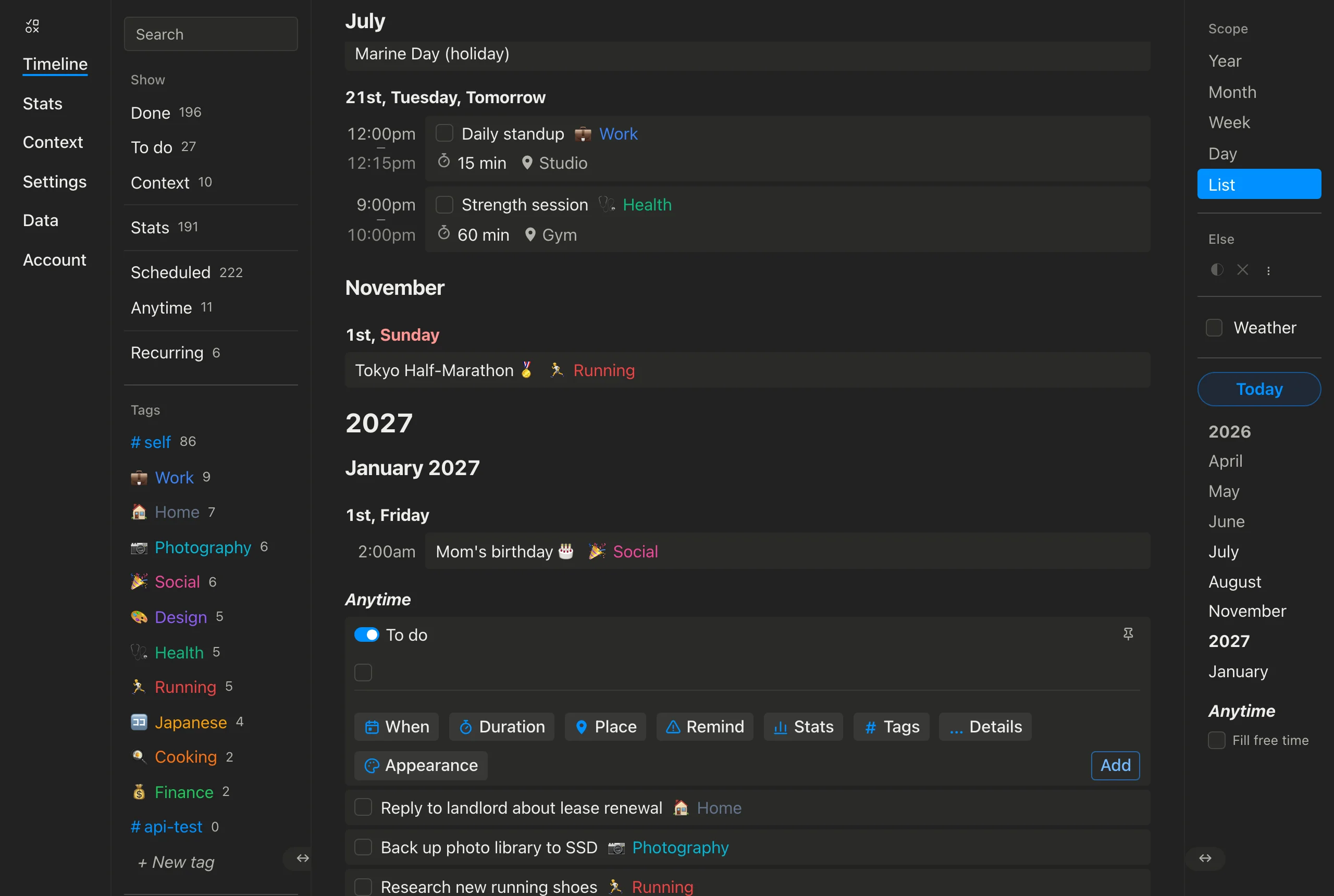 The timeline List view with the Month label pinned to the top, compact day-and-weekday headings below it, and timed rows lined up along a single left edge